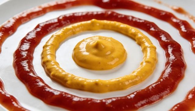 Ketchup and mustard forming concentric rings on white ceramic plate close-up glossy