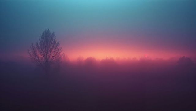 Foggy Dawn with Solitary Tree Silhouette Against Colorful Sky