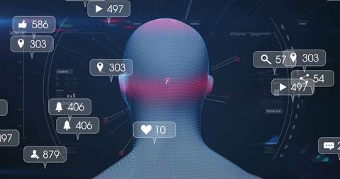 Glowing Dotted-Mesh Avatar Head in Cyberspace with Floating Notifications and HUD Interface