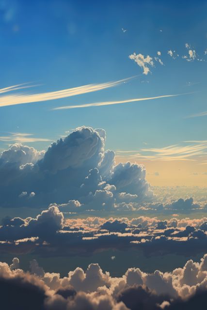 Scenery with clouds and sky, created using generative ai technology. Cloud and sky scenery, weather and beauty in nature concept digitally generated image.