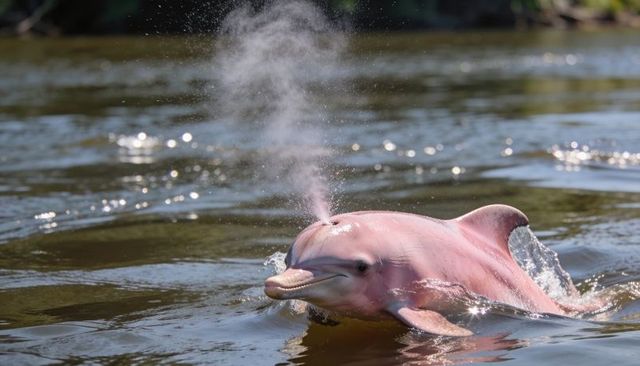 Pink river dolphin spouting and surfacing in sunlit tannin water, boto close-up