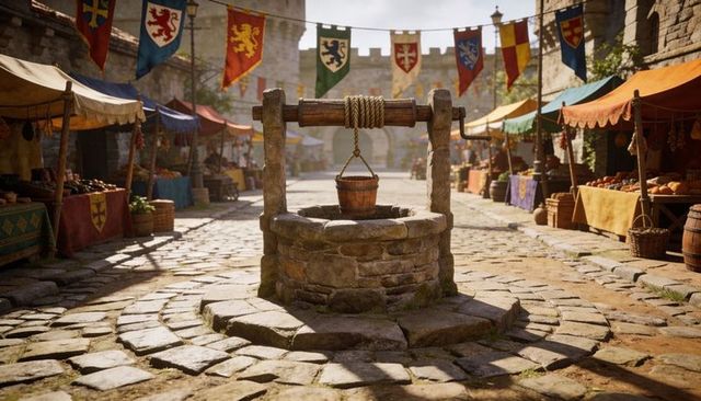Sunlit medieval market square with stone well, wooden bucket and colorful stalls