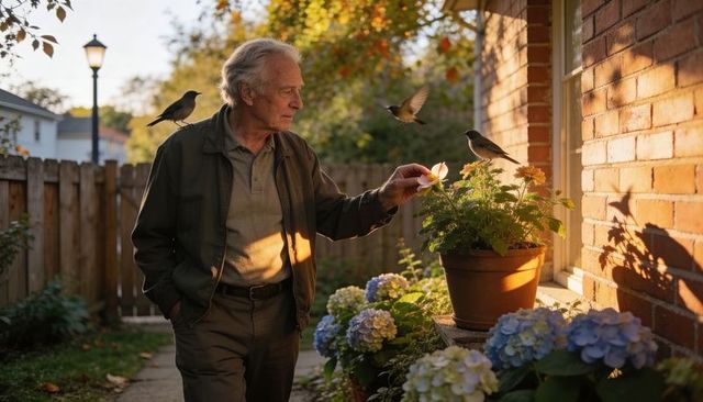 Senior man tending windowsill plants with birds perching at golden hour garden hydrangeas