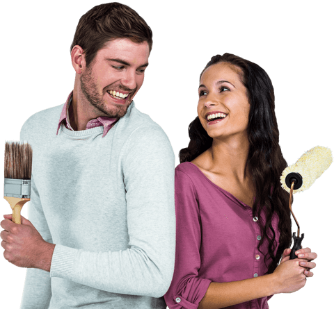 smiling couple holding brushes for creative home improvement on transparent background - Download Free Stock Videos Pikwizard.com