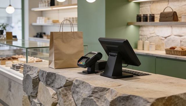 Showcasing bakery checkout with paper bag, black pos and card reader on stone counter
