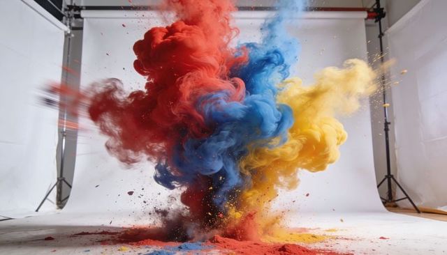 Bursting Red Blue Yellow Powder Explosion in Studio Swirling Plume of Color and Particles