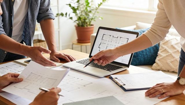 Architects reviewing floor plans on laptop in collaborative home office design meeting