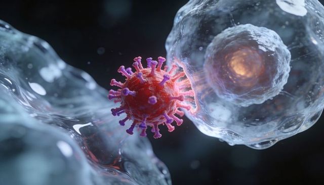 Microscopic virus particle attaching to host cell membrane showing spike proteins