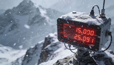 Rugged telemetry sensor with red led display on snowy alpine rock, transmitting storm data