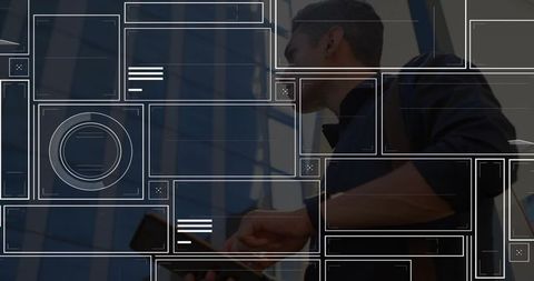 Businessman using mobile device with HUD overlays over glass office tower in city skyline