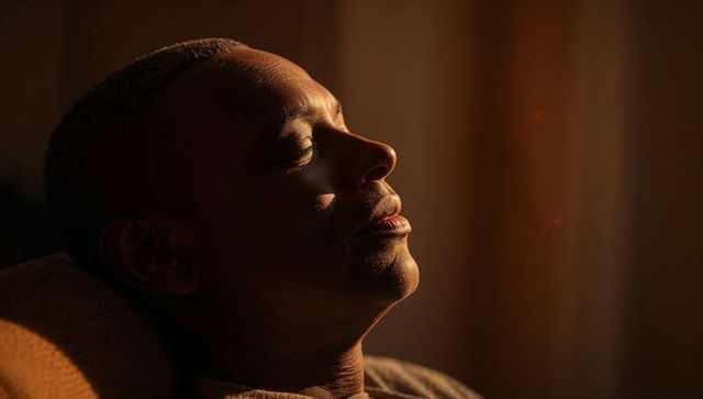 Cinematic portrait of man reclining in warm sunlight with dust particles and calm expression