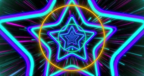 Vibrant Neon Star Spiral with Golden Ring in Futuristic Tunnel