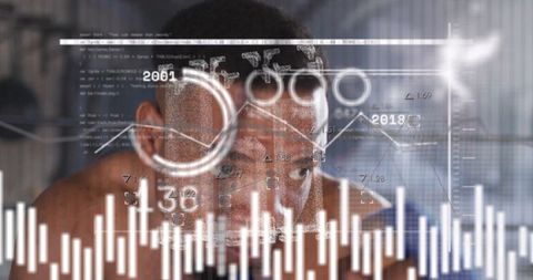 Man analyzing graphs with futuristic data visualization overlay