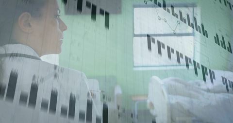 Doctor Reviewing Patient Data with Medical Charts Overlay in Hospital Ward