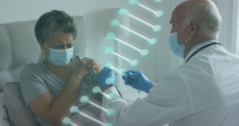 Doctor administering vaccine to patient with dna overlay
