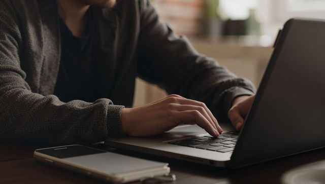 Adult man typing on laptop in sunlit home office wearing gray cardigan, smartphone nearby
