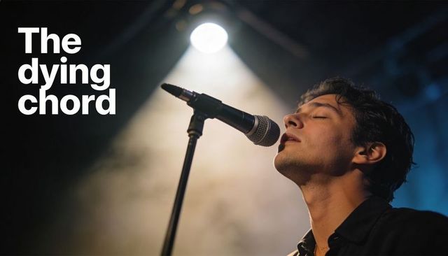 Dying chord vocalist leaning into mic under spotlight with cinematic haze, closeup