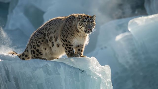 Snow leopard crouching on blue glacier ledge, breath mist and sunlit rimlight detail