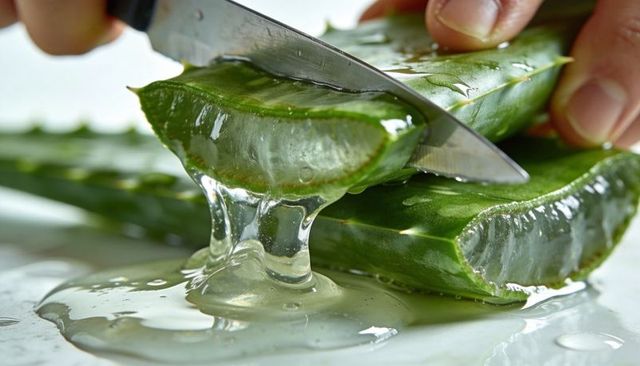 Slicing fresh aloe vera leaf revealing clear gel pouring for skincare and home remedies
