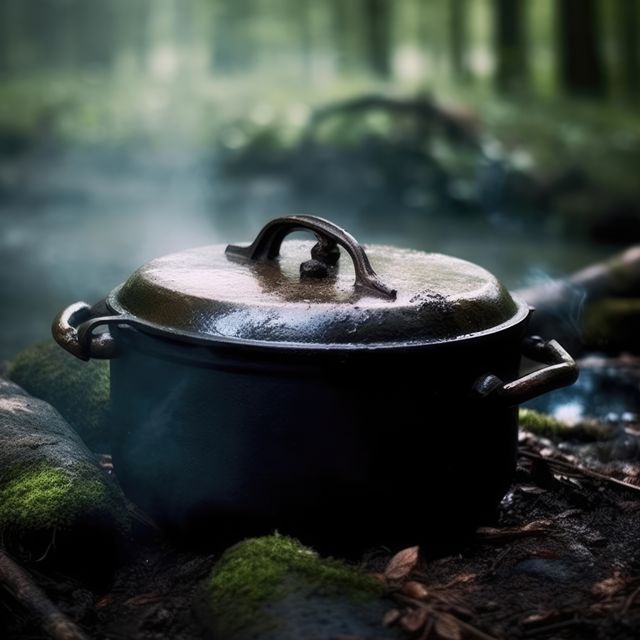A steaming pot sits on a forest floor, evoking outdoor cooking. Surrounded by mist and mossy stones, it suggests a rustic camping experience.
