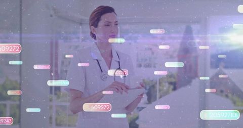 Nurse utilizing telehealth technology on balcony with holographic data