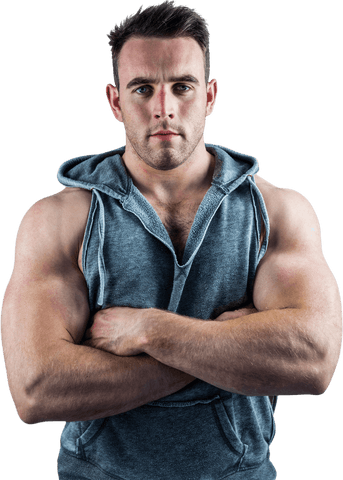 Confident Bodybuilder in Sleeveless Hoodie Transparent Background