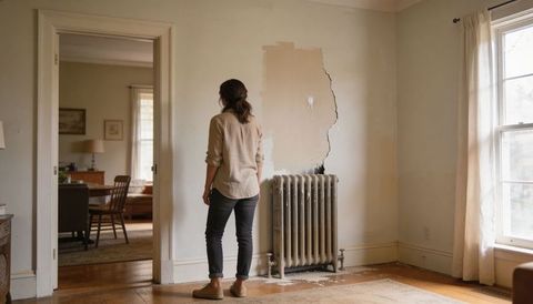 Homeowner inspecting damaged plaster above cast-iron radiator in sunlit living room pre-renovation
