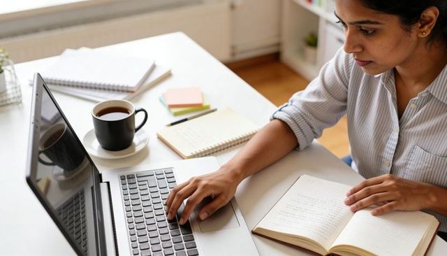 Remote woman typing on laptop with notebook and coffee, studying and staying focused