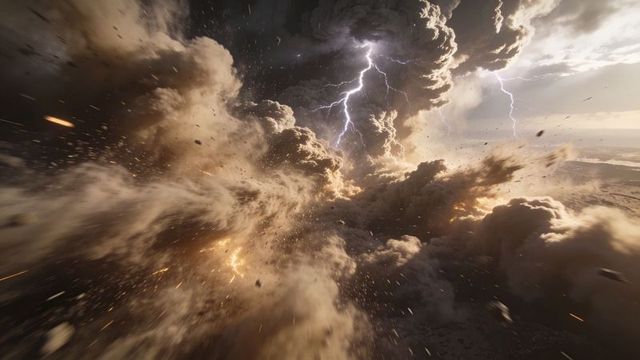 Roaring supercell storm with lightning bolts, dust plume and flying debris over plains