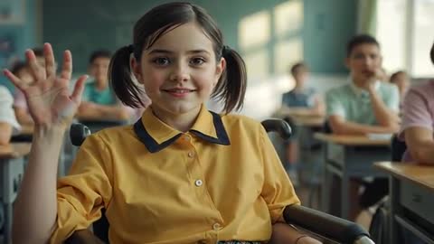 Young Student in Wheelchair Raising Hand and Smiling During Inclusive Classroom Lesson