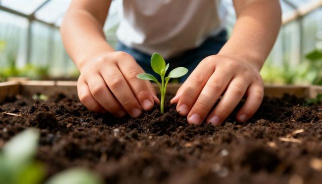 Child planting seedling in greenhouse soil close-up hands nurturing young green sprout