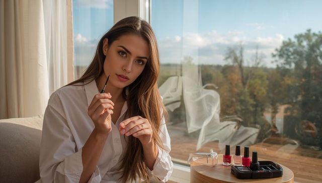 Woman applying nail polish on sofa by window in natural light for home manicure