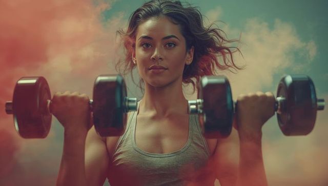 AI-Generated Woman Lifting Dumbbells with Smoky Background