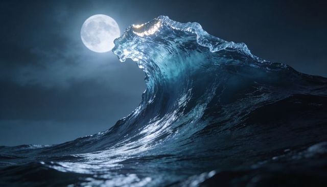 Moonlit Ocean Wave Crashing at Night with Glowing Crest and Silvery Moonlight Reflection