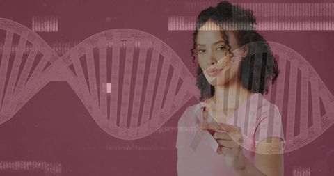 Holding pink ribbon with dna helix overlay signifying breast cancer genetics awareness