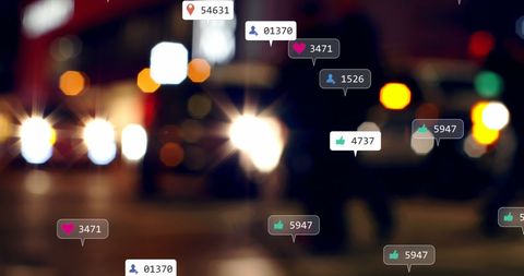 Social Media Engagement Bubbles over Urban Night Scene