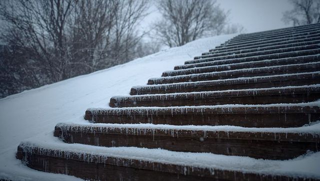 Climbing snow-covered wooden staircase with hanging icicles on frosty winter hillside