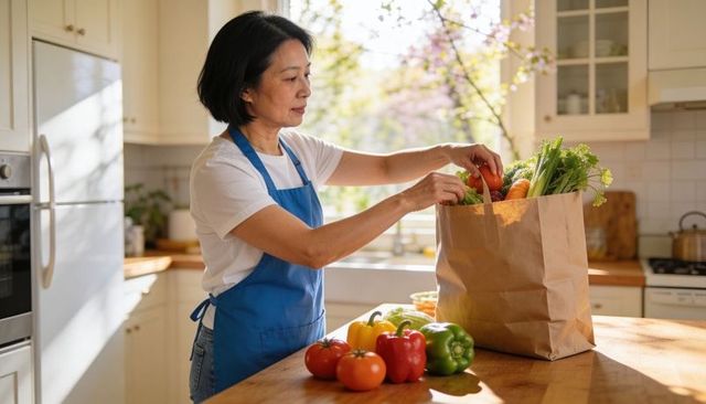 Asian woman unpacking fresh groceries on sunlit kitchen island, healthy home cooking ideas