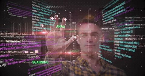 Man manipulating holographic ar interface with scanning reticle, neon code datastream
