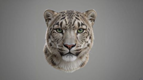 Snow Leopard Head with Striking Green Eyes Showcased on Neutral Background