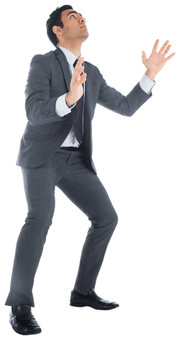 Focused biracial businessman looking up, transparent professional image