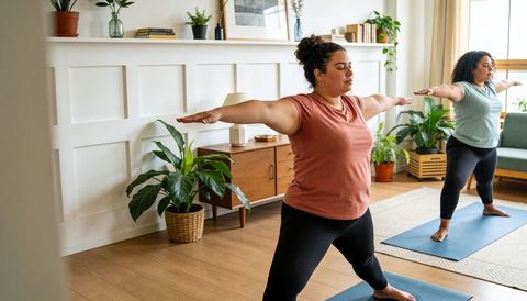 Latina women practicing warrior II yoga at home with indoor plants for wellness and balance