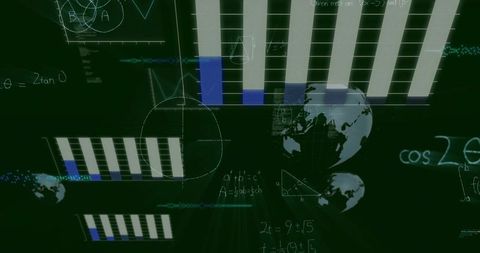Projecting holographic data visualization with vertical bar charts, globes and math equations