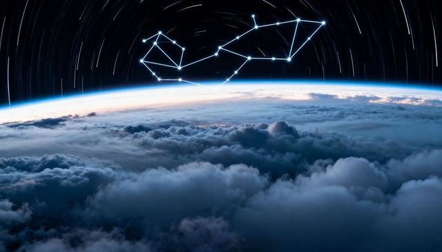 Glowing constellation over curved earth limb with cloud deck and star trails
