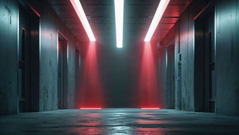 Futuristic industrial corridor with red alert led lighting