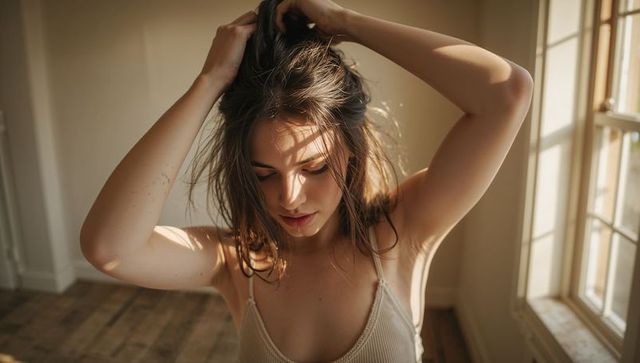 Sunlit woman adjusting hair in minimalist room, serene morning light and casual camisole