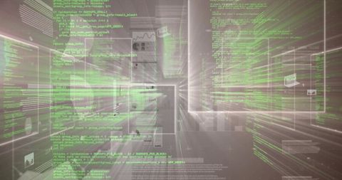 Streaming green code tunnel virtual interface showing layered ui panels and data streams