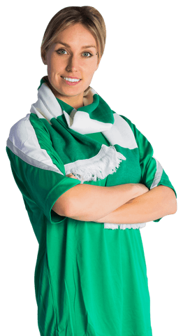 Cheerful Woman Wearing Green Jersey with Scarf Transparent Background