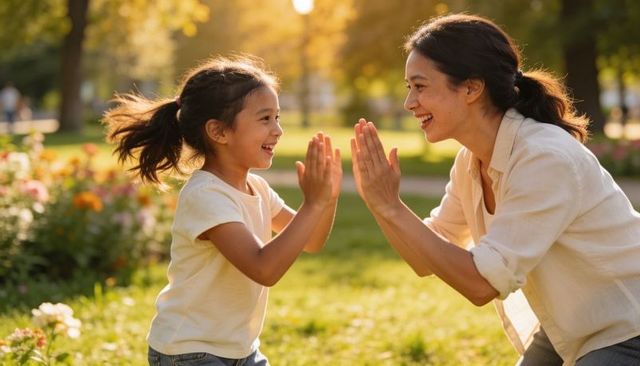 Mother and daughter playing clapping game in sunlit park golden hour family bonding