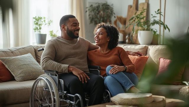 Smiling couple sharing cozy living room moment with man in manual wheelchair, embracing